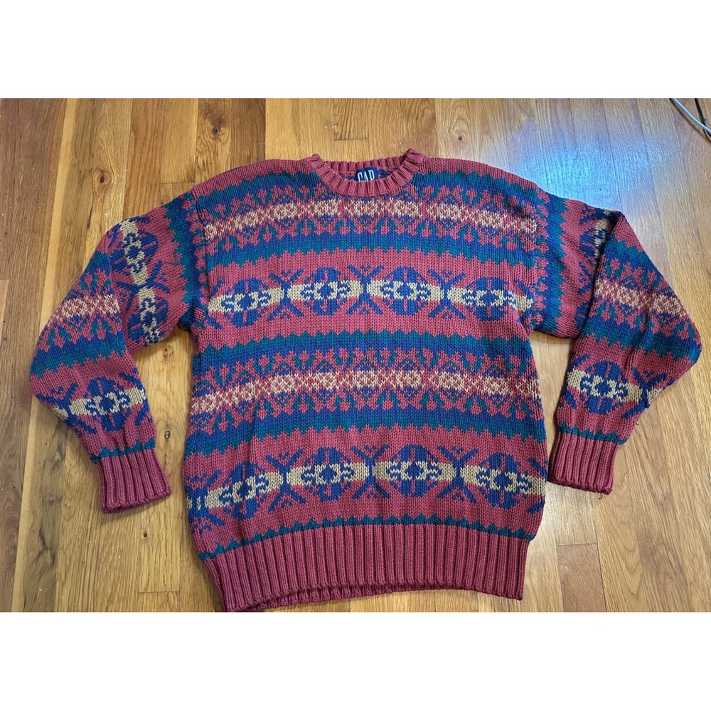 Vintage GAP Fair Isle Crewneck Sweater Red Blue Geometric Knit Cotton Mens XL